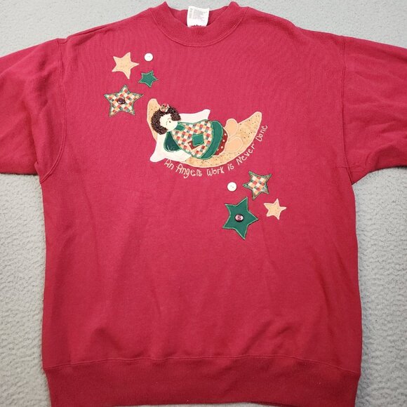 VTG Holiday Christmas Angel Sweatshirt Large Crew Sweater 90's Embroidered CUTE! - Picture 4 of 11